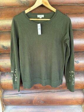 LOFT 100% cotton Olive Green Embroidered Sleeve Sweater
